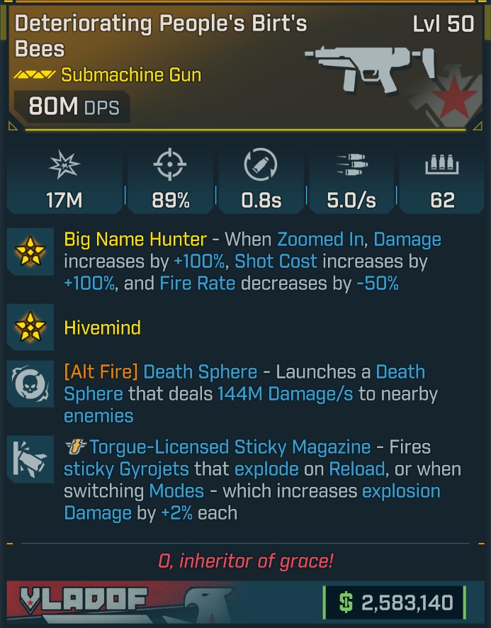 BL4 Birt's Bees L50 Modded Legendary SMG