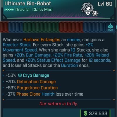 BL4 Gravitar Harlowe L60 modded pearlescent max all skills class mod