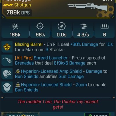 BL4 Hot Slugger L1 Modded Legendary Shotgun