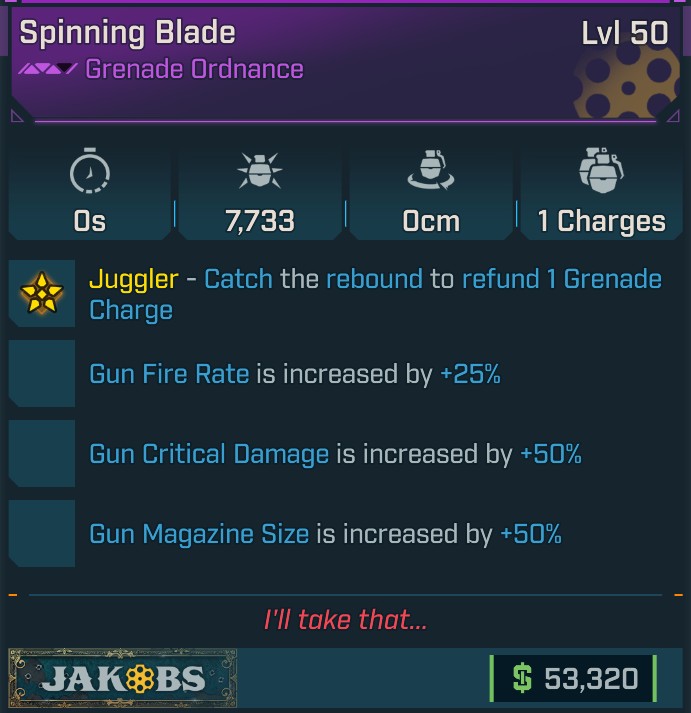 BL4 Spinning Blade L50 Modded Epic Grenade Ordnance