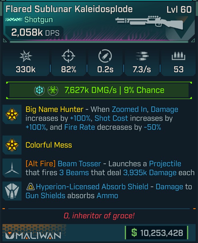 BL4 Kaleidosplode L60 modded 2,058K DPS Pearlescent Shotgun with Beam Tosser and elemental damage