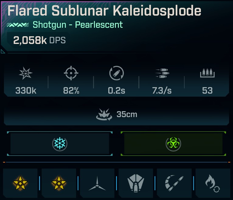BL4 Kaleidosplode L60 modded 2,058K DPS Pearlescent Shotgun secondary stats image showing elemental bonuses and weapon parts