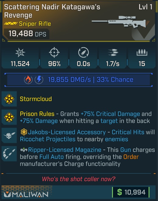 BL4 Katagawa’s Revenge L1 Modded Legendary Sniper Rifle