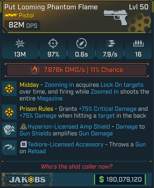 BL4 Phantom Flame L50 Modded Legendary Pistol