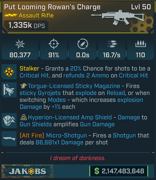 BL4 Rowan’s Charge L50 Modded Legendary Assault Rifle