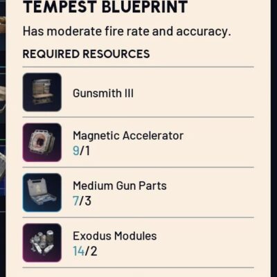 Arc Raiders Tempest Blueprint crafting requirements screen