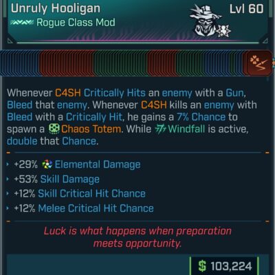 BL4 Rogue C4SH L60 modded pearlescent max all skills class mod