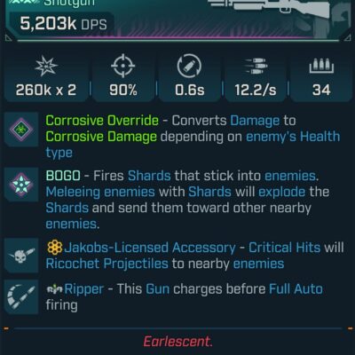 BL4 Crazed Earl Corrosive L60 modded Pearlescent Shotgun with 5,203K DPS