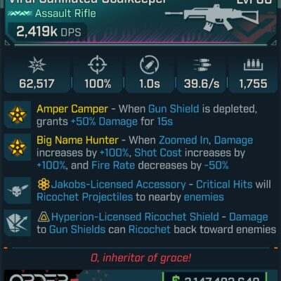 BL4 Goalkeeper L60 modded Pearlescent Assault Rifle with Big Name Hunter and 2,419K DPS