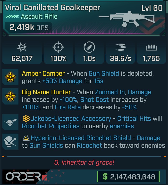 BL4 Goalkeeper L60 modded Pearlescent Assault Rifle with Big Name Hunter and 2,419K DPS