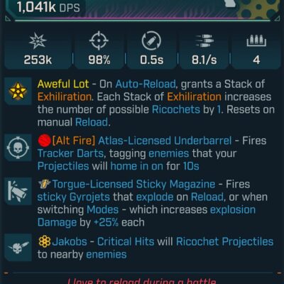 BL4 Shalashaska L60 modded Pearlescent Pistol with ricochet, sticky gyrojets, and Atlas darts