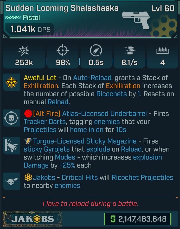 BL4 Shalashaska L60 modded Pearlescent Pistol with ricochet, sticky gyrojets, and Atlas darts